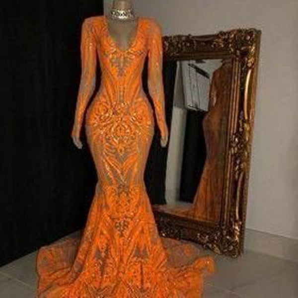 Mermaid/Trumpet Prom Dress 2023 V Neck Long Sleeves Lace