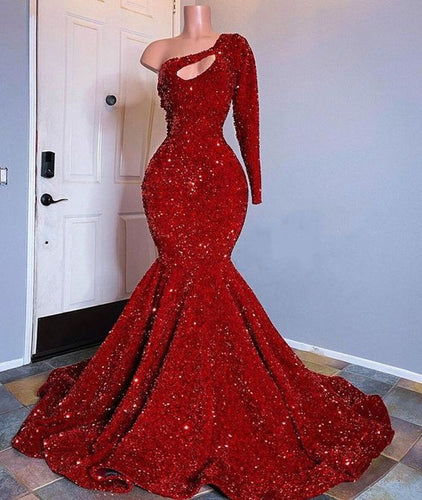 Mermaid/Trumpet Prom Dress 2023 Red One-Shoulder Long Sleeves Hollow Sequin wth Sequined Sparkle&Shine