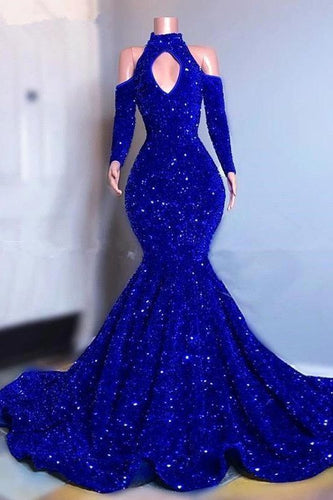 Royal Blue Prom Dress 2023 Mermaid Off the Shoulder Corset Back Long  Sleeves Sequin with Slit