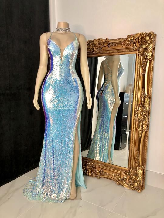 Trendy Prom Dress 2023 Mermaid/Trumpet Plunging Neck Spaghetti Strap Crisscross Back Sequin with Slit