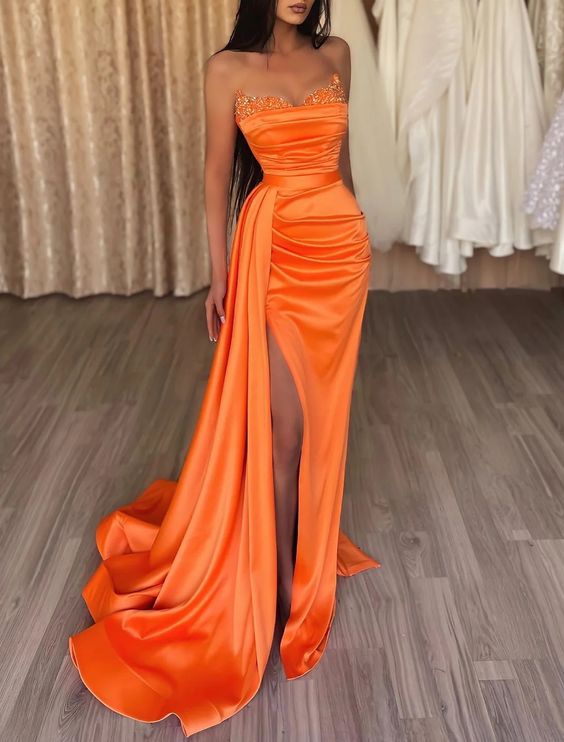 Trendy Prom Dress 2023 Mermaid/Trumpet Strapless Charmeuse with Draping Slit
