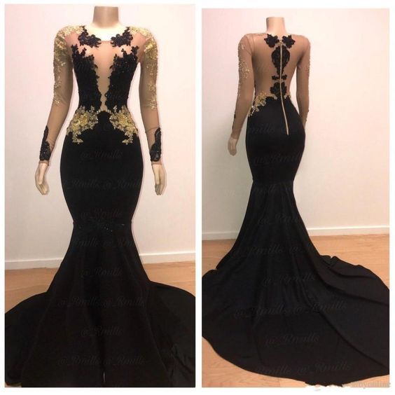 Black Prom Dress 2023 Mermaid/Trumpet Illusion Neck Long Sleeves Jersey with Appliques