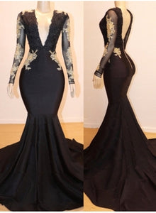 Black Prom Dress 2023 Mermaid/Trumpet V Neck Long Sleeves V Back Jersey with Appliques