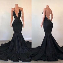 Load image into Gallery viewer, Black Prom Dress 2023 Mermaid/Trumpet Sexy Halter Neck Backless Velvet with Ruffles