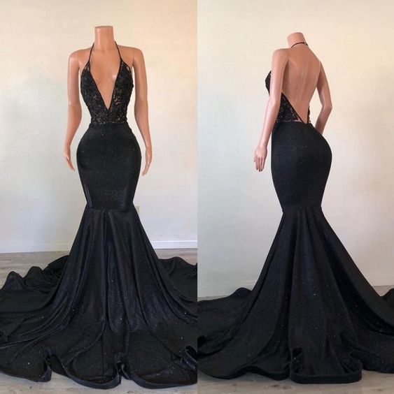 Black Prom Dress 2023 Mermaid/Trumpet Sexy Halter Neck Backless Velvet with Ruffles