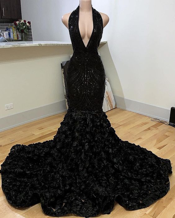 Black Prom Dress 2023 Mermaid/Trumpet Halter Neck Sequin Rosette Fabric