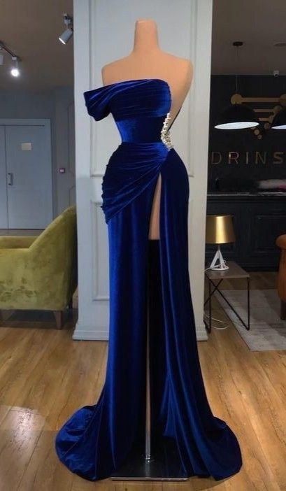 Blue Prom Dress 2023 Mermaid/Trumpet Strapless Velvet with Split Front Draping