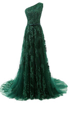 Load image into Gallery viewer, Green Prom Dress 2023 A-line One-shoulder Sleeveless Tulle with Appliques Sash/Ribbon Bow(s)