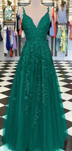 Load image into Gallery viewer, Green Prom Dress 2023 A-line V Neck Spaghetti Straps Tulle with Appliques