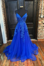 Load image into Gallery viewer, Long Prom Dress 2023 A-line V Neck Spaghetti Straps Lace Tulle with Appliques