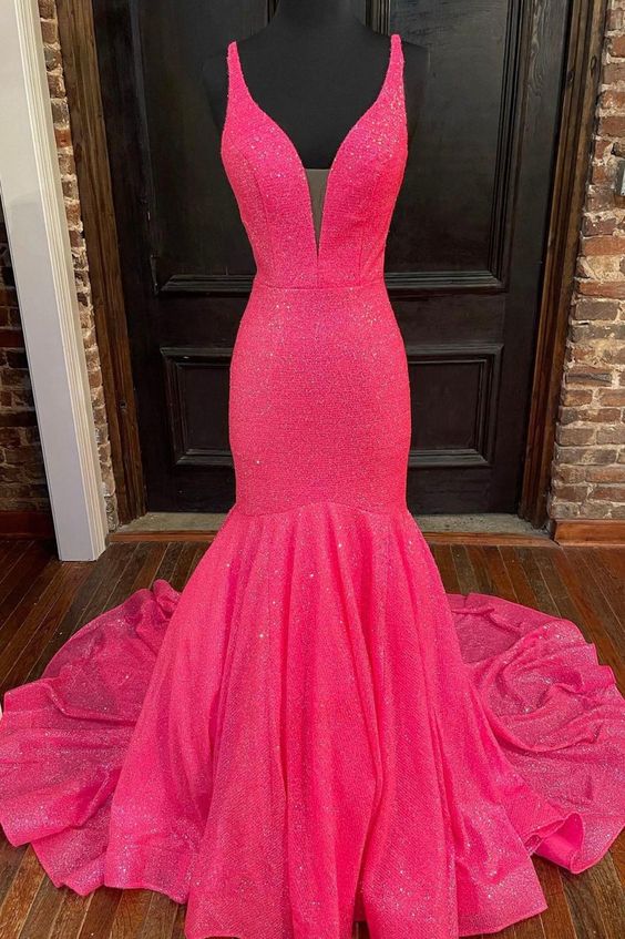 Long Prom Dress 2023 Mermaid/Trumpet V Neck Spaghetti Straps Glitter with Pleats