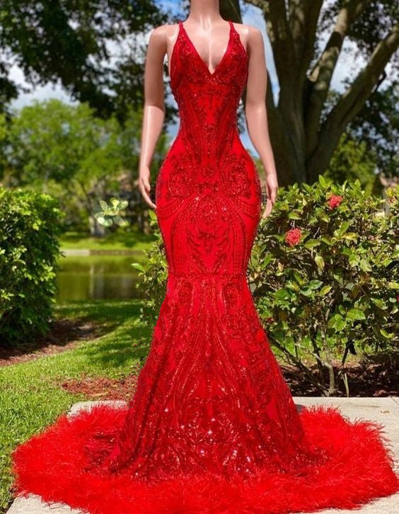 Red Prom Dress 2023 Mermaid/Trumpet V Neck Spaghetti Straps Sequin with Feathers