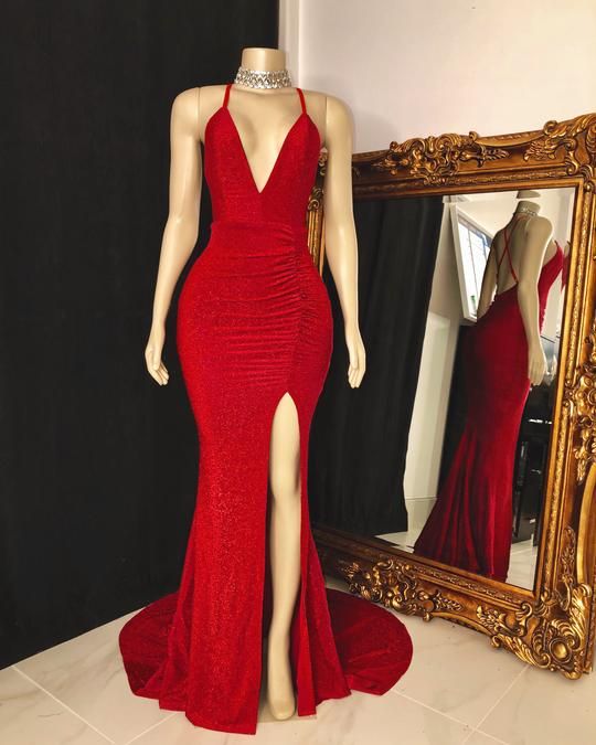 Red Prom Dress 2023 Mermaid/Trumpet V Neck Spaghetti Straps Glitter with Split Front