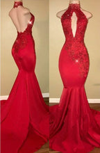 Load image into Gallery viewer, Red Prom Dress 2023 Mermaid/Trumpet Halter Neck Sleeveless Hollow Backless Jersey with Ruffles