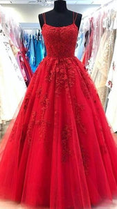 Red Prom Dress 2023 Ball Gown Spaghetti Straps Tulle with Lace Appliques