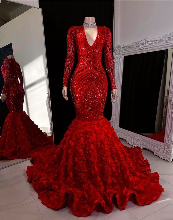 Red Prom Dress 2023 Mermaid/Trumpet V Neck Long Sleeves Sequin Rosette Fabric Sparkle&Shine