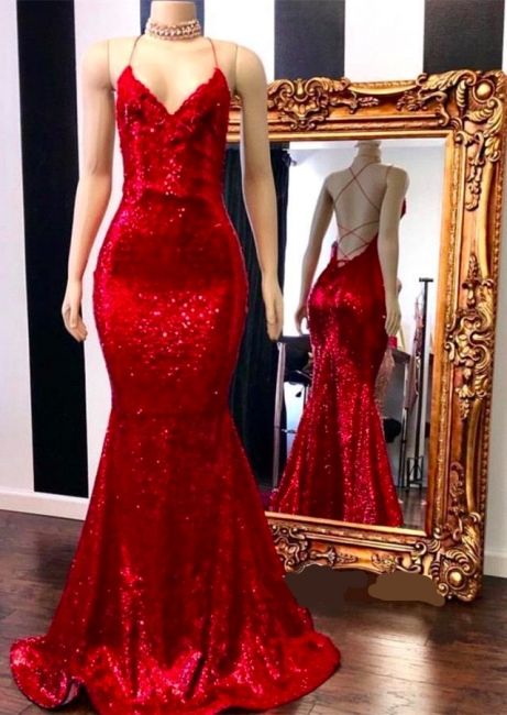 Red Prom Dress 2023 Mermaid/Trumpet Sexy V Neck Spaghetti Straps Crisscross Back Sequin with Ruffles