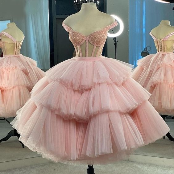 short ball gown dresses Short Prom Dress 2023 Ball Gown Off the Shoulder Beaded Tulle with Cascading Ruffles 12 / Custom Color