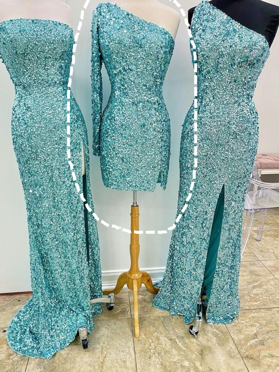 Short Prom Dress 2023 Sheath/Column One-shoulder Long Sleeve Sequin Sparkle&Shine