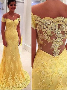 Unique Prom Dress 2023 Mermaid/Trumpet Off the Shoulder Beautiful Back with Lace Appliques