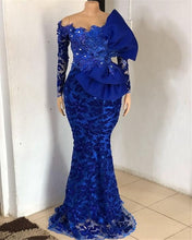 Load image into Gallery viewer, Stylish Prom Dres 2023 Sheath/Column Royal Blue Off the Shoulder Illusion Sleeves Sequin with Bow(s)