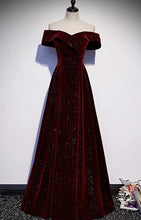Load image into Gallery viewer, Burgundy Prom Dress 2023 Elegant A-line Off the Shoulder Velvet with Sequin Pleats