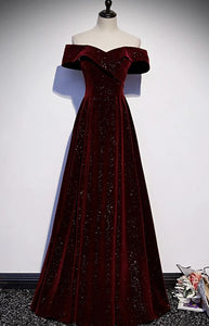 Burgundy Prom Dress 2023 Elegant A-line Off the Shoulder Velvet with Sequin Pleats
