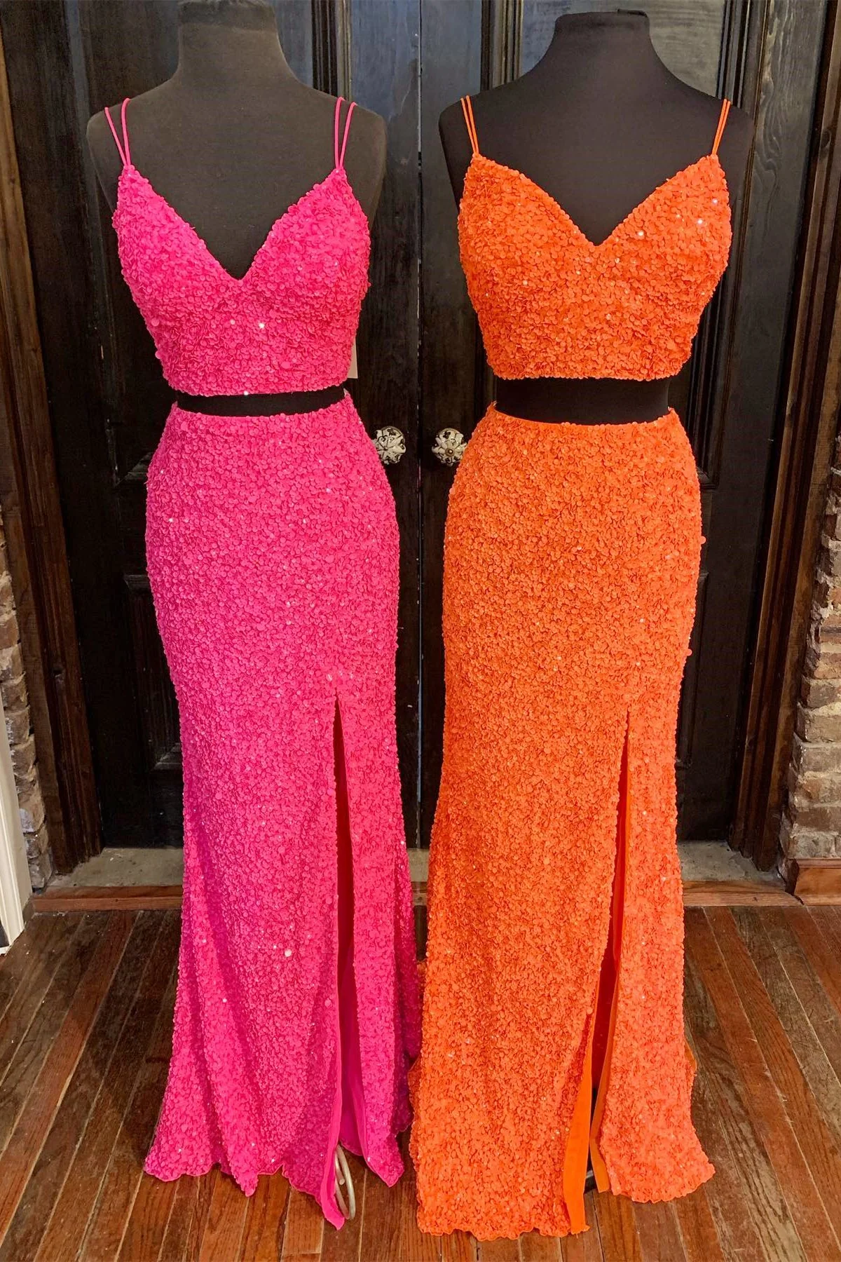 Two piece Prom Dress 2023 Spaghetti Straps Sequin with Slit 12 / Orange Two piece Prom Dress 2023 Spaghetti Straps Sequin with Slit 12 / Orange