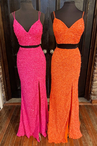 Two piece Prom Dress 2023 Spaghetti Straps Sequin with Slit