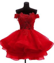 Load image into Gallery viewer, Red Homecoming Dress 2022 Off Shoulder Short Sleeves A Line Ruffles with Appliques