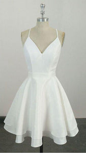 White Homecoming Dress 2021 A Line V Neck Short / Mini Satin Party Dress Summer