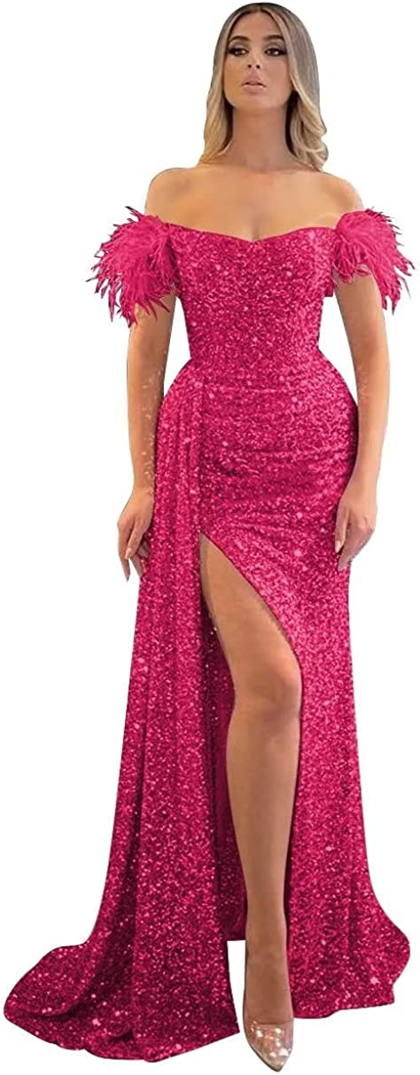 Hot Pink Prom Dress 2023 Mermaid Off the Shoulder Corset Back Slit Sequin with Feathers