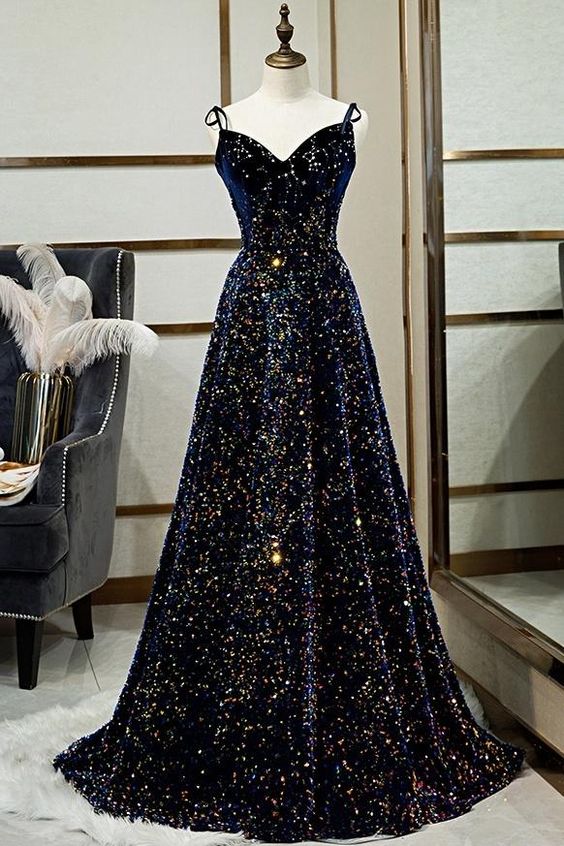 Black Prom Dress 2023 A-line V Neck Lace up Sequin with Pleats Sparkle&Shine