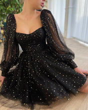 Load image into Gallery viewer, black homecoming dress 2022 Short Long Sleeves A line Tulle with Shine