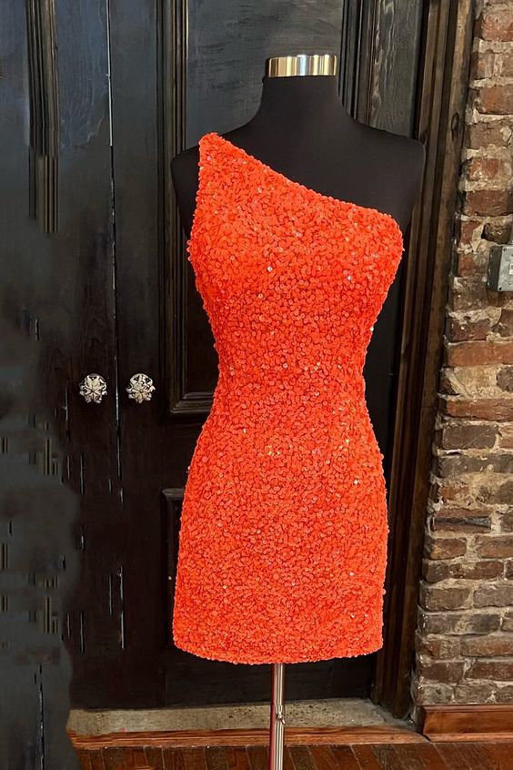 orange homecoming dress Orange Homecoming Dress 2022 Bodycon Short One Shoulder Sleeveless with Sequin 24W / Custom Color
