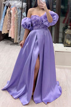 Load image into Gallery viewer, Purple Prom Dress 2023 Satin with Puffy Sleeves Detachable Slit