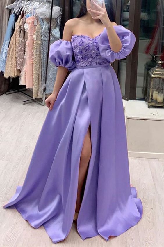 Purple Prom Dress 2023 Satin with Puffy Sleeves Detachable Slit