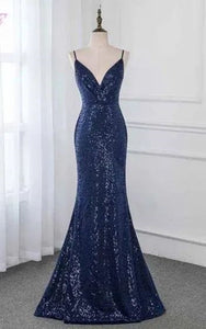 Dark Blue Prom Dress 2023 V Neck Spaghetti Straps Mermaid Sequin with Pleats