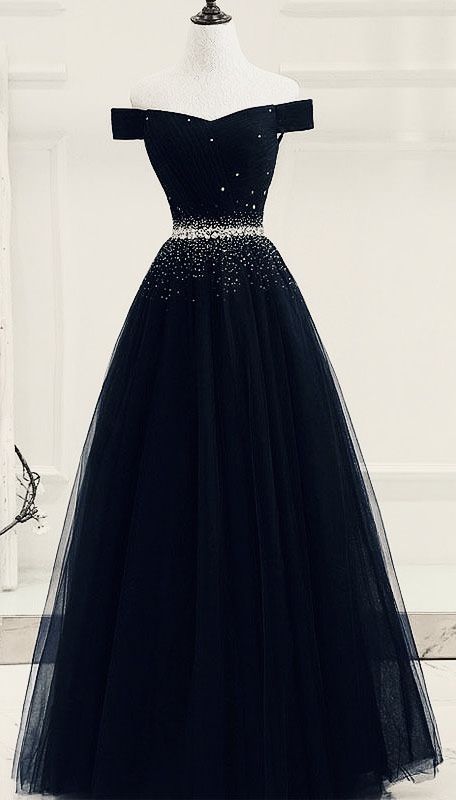 Black Prom Dress 2023 A-line Off the Shoulder Tulle with Sequin