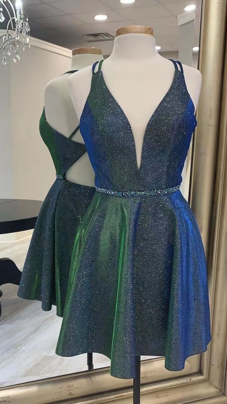 Cute Homecoming Dress 2022 Glitter Green V Neck Short A Line