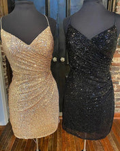 Load image into Gallery viewer, Black Girl Homecoming Dress 2022 Bodycon V Neck Short With Sequin
