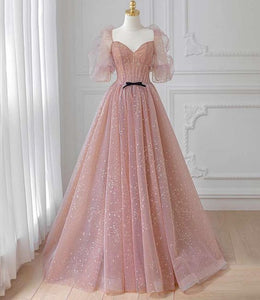 Princess Prom Dress 2023 A-line V Neck Puff Balloon Sleeves Horsehair Sequined Tulle with Pleats Bow(s)