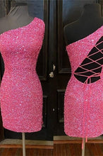Load image into Gallery viewer, Pink Homecoming Dress 2022 Bodycon Short One Shoulder Sleeveless  Corset Back with Sequin