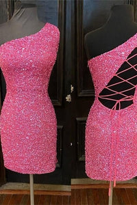 Pink Homecoming Dress 2022 Bodycon Short One Shoulder Sleeveless  Corset Back with Sequin