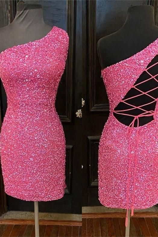 Pink Homecoming Dress 2022 Bodycon Short One Shoulder Sleeveless  Corset Back with Sequin