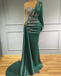 Women's Long Green Prom Dress 2023 Mermaid V Neck Crystal  Long Sleeves