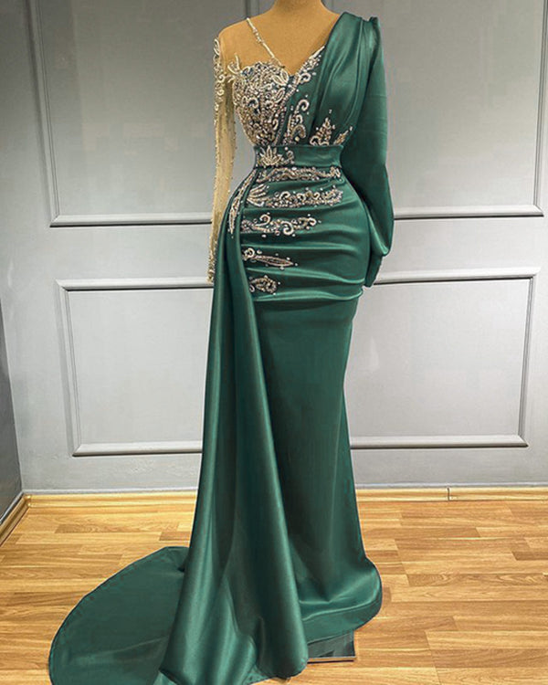 Women's Long Green Prom Dress 2023 Mermaid V Neck Crystal Long Sleeves 26W / Black