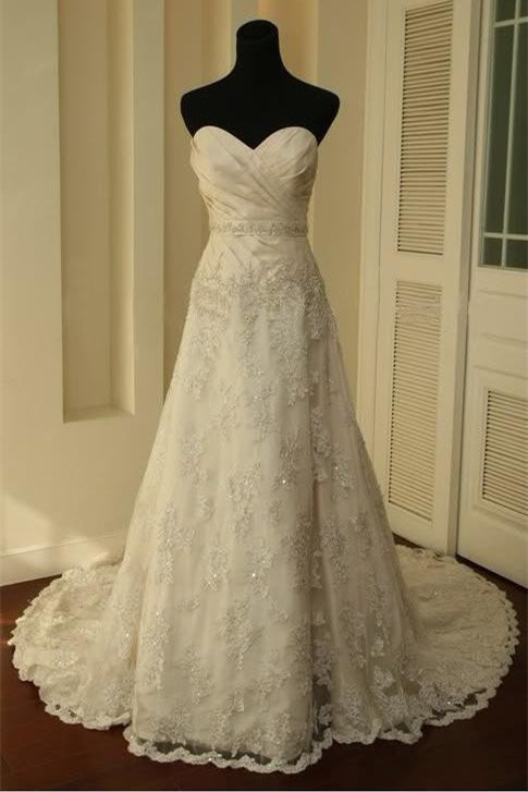 A-Line Wedding Dresses Sweetheart Chapel Train V Back Satin Lace Vintage Elegant with Appliques Sequin 2021 White / 6