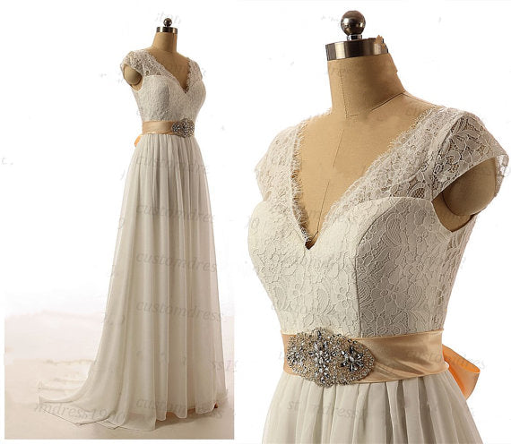 A-Line Wedding V Neck Cap Sleeve Sweep/Brush Train V Back Lace Chiffon Glamorous Elegant with Crystals Belt bow(s) 2021