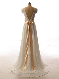 A-Line Wedding V Neck Cap Sleeve Sweep/Brush Train V Back Lace Chiffon Glamorous Elegant with Crystals Belt bow(s) 2021